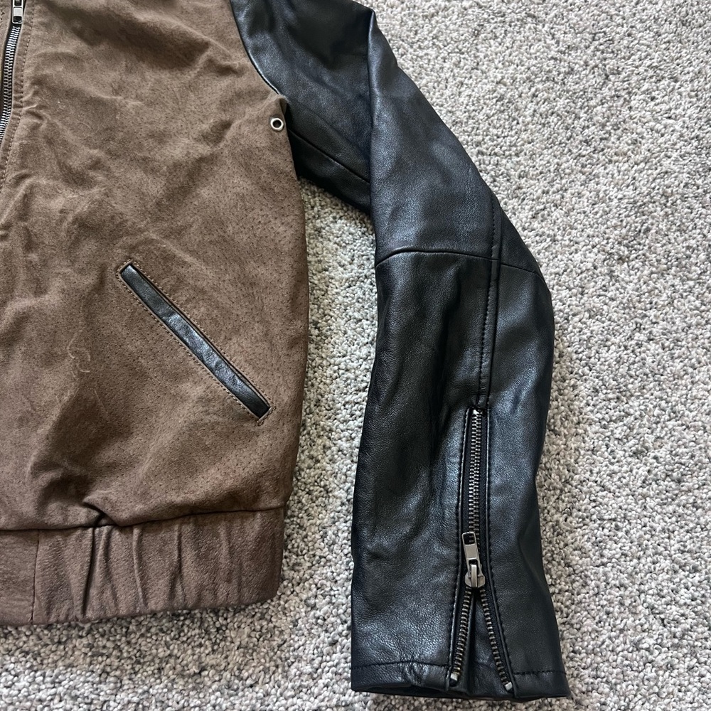 MANGO LEATHER BROWN Suede BLACK Colorblock WOMEN'S JACKET Zip up Bomber SIZE XS - Picture 3 of 15